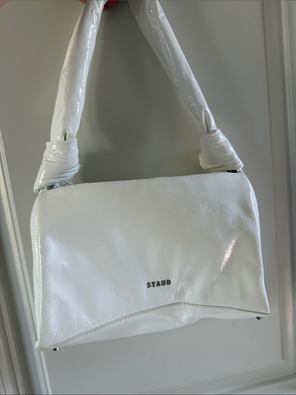 STAUD Glossy White Patent Shoulder Bag